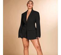 Blazer elegante e classico di colore unito per donne taglia comoda, vita stretta, maniche lunghe, beige, adatto per appuntamenti e pendolarismo, autunno/inverno 0XL,1XL,2XL,3XL,4XL,5XLTessuto intrecci