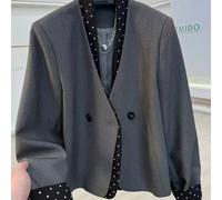 Blazer elegante grigio da donna con doppio petto, colletto e polsini con bordo a pois, giacca da ufficio business casual per il lavoro L,M,SColore unicoTessuto intrecciato