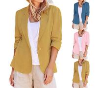 Blazer estivo da donna in cotone e lino, in tinta unita, con maniche e tasche elasticizzate, leggero, con maniche a 3/4, blazer con un bottone, slim fit, business, casual, per il lavoro, Giallo3.,