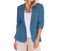 Blazer estivo da donna in cotone e lino, leggero, tinta unita, con maniche e tasche elasticizzate, elegante temperamento, maniche a 3/4, blazer con un bottone, slim fit, business casual blazer, Blu, L