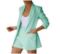 Blazer estivo da donna tinta unita elegante set blazer con risvolto e pantaloncini 2 pezzi vestito da lavoro formale elegante set moda abiti da ufficio con tasche set casual comfort per esterno, Verde