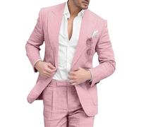 Blazer for Men Linen 2 Piece Regular Fit Blazer Suit Set One Button Tuxedo Solid Jacket And Pants for Prom Pink Medium