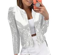 Blazer, giacca da donna elegante, corta da donna, per abito con glitter, blazer corto, per feste, in oro, cardigan, per feste, outwear con paillette, giacca a maniche lunghe, argento, M
