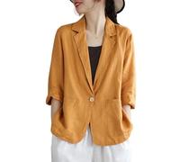 Blazer In Cotone E Lino Da Donna Blazer Casual A Maniche A 3/4 Giacca Da Completo con Un Bottone E Tasca Cardigan Estivo Da Donna per Ufficio Abbigliamento Quotidiano Outfit per Le Vacanze Giallo L
