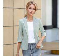 Blazer in lino verde per donna, giacca casual e alla moda, corta e con maniche a 3/4, adatta per la stagione estiva e per fisici minuti L,M,S,XL,XSColore unicoTessuto intrecciato