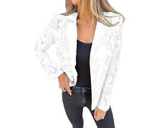Blazer in Rete di Pizzo Continuo, Giacca Casual da Donna con Maniche Lunghe e Apertura Frontale in Pizzo(White,L)