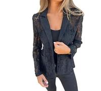 Blazer in Rete di Pizzo Continuo, Giacca Casual da Donna con Maniche Lunghe e Apertura Frontale in Pizzo(Black,S)
