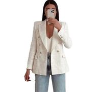 Blazer in tweed a doppio petto da donna, stile vintage, resistente, per lavoro e ufficio, a maniche lunghe con tasca, beige, S