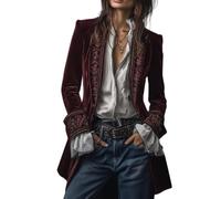 Blazer in velluto da donna, vintage ricamato, cappotto lungo vittoriano tinta unita, top gotico rinascimentale, Rosso rosato, L