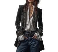Blazer in velluto da donna, vintage ricamato, cappotto lungo vittoriano tinta unita, top gotico rinascimentale, Grigio scuro, XXL