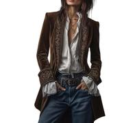 Blazer in velluto da donna, vintage ricamato, cappotto lungo vittoriano tinta unita, top gotico rinascimentale, Cammello, XXL