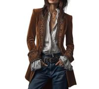 Blazer in velluto da donna, vintage ricamato, cappotto lungo vittoriano tinta unita, top gotico rinascimentale, Marrone, S