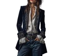 Blazer in velluto da donna, vintage ricamato, cappotto lungo vittoriano tinta unita, top gotico rinascimentale, Blu, M