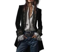 Blazer in velluto da donna, vintage ricamato, cappotto lungo vittoriano tinta unita, top gotico rinascimentale, Nero , L