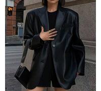 Blazer oversize da donna in stile retrò classico in pelle PU, adatto per primavera, autunno e inverno. Questo blazer di alta qualità presenta un design con colletto a punta e una fessura sul fondo, em