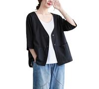 Blazer per Le Donne Blazer da Donna in Cotone E Lino Estivi A Maniche A 3/4 Modello Ampio E Casual con Orlo A Balze Cardigan Giacca Leggera in Lino con Tasca E Bottone Colore Nero Taglia XS