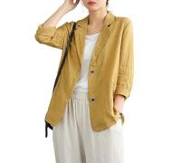 Blazer per Le Donne Blazer da Donna in Cotone E Lino Maniche A 3/4 Casual Larghi con Revers A Lancia Cardigan Aperto sul Davanti Cappotto con Tasche E Due Bottoni per Lavoro E Ufficio Giallo M