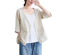 Blazer per Le Donne Blazer in Cotone E Lino da Donna Estivi A Maniche A 3/4 Ampi Casual con Orlo A Balze Cardigan Giacche Leggere in Lino con Tasca E Bottone Capospalla Color Albicocca M