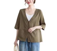 Blazer per Le Donne Blazer in Cotone E Lino da Donna Estivi A Maniche A 3/4 Ampi Casual con Orlo A Balze Cardigan Giacche Leggere in Lino con Tasca E Bottone Capospalla Marrone S