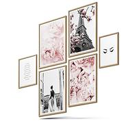 BLCKART Rose Paris - Set di immagini per poster, quadri da parete, elegante, double face, con rose naturali, ideale come decorazione, misura M: 4 formati A4 e 2 formati A5, senza cornice, rosa