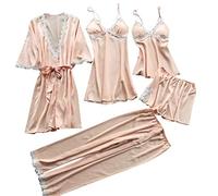 Bleau Set di Pigiami da Donna in Seta, 5 Pezzi, con Canottiera Sexy, Camicia da Notte in Pizzo, Beige, S