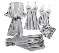 Bleau Set di pigiami da donna in seta, 5 pezzi, con canottiera sexy, camicia da notte in pizzo, Grigio, M