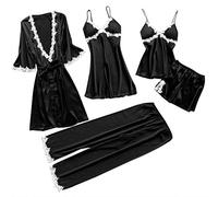 Bleau Set di pigiami da donna in seta, 5 pezzi, con canottiera sexy, camicia da notte in pizzo, Nero, S