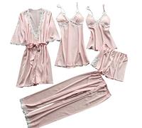Bleau Set di Pigiami da Donna in Seta, 5 Pezzi, con Canottiera Sexy, Camicia da Notte in Pizzo, Rosa, XL
