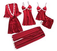 Bleau Set di Pigiami da Donna in Seta, 5 Pezzi, con Canottiera Sexy, Camicia da Notte in Pizzo, Rosso, M