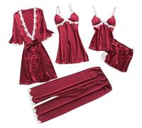 Bleau Set di Pigiami da Donna in Seta, 5 Pezzi, con Canottiera Sexy, Camicia da Notte in Pizzo, Rosso Vinaccia, XXL