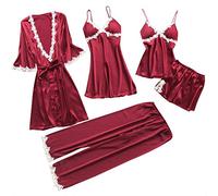 Bleau Set di Pigiami da Donna in Seta, 5 Pezzi, con Canottiera Sexy, Camicia da Notte in Pizzo, Rosso Vinaccia, 3XL