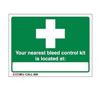 Bleedsave Cartello di sicurezza autoadesivo in vinile con scritta in inglese "The Nearest Bleed Control Kit Is Located - Call 999", 200 x 150 mm