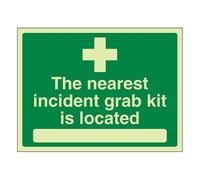 Bleedsave The Nearest Incident Grab Kit Is Located 200 x 150 mm - Cartello di sicurezza autoadesivo in vinile fosforescente
