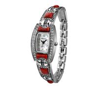 Blekon Collections - Orologio da donna al quarzo giapponese, con pietre quadrate e quadrante in perle e cinturino in metallo, alla moda, Argento/Rosso