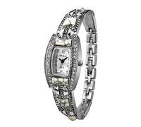 Blekon Collections - Orologio da donna al quarzo giapponese, con pietre quadrate e quadrante in perle e cinturino in metallo, alla moda, Argento/bianco.