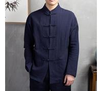 BlesConi Abito da uomo in stile cinese Kung Fu Tai Chi, uniforme con bottoni, colletto alto, a maniche lunghe, in lino e cotone, per vacanze casual (4XL, blu navy)