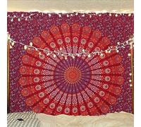 Bless International Arazzo da appendere alla parete, per biancheria da letto, stile hippie indiano, bohémien, psichedelico, pavone, mandala (blu e rosso, queen size, 215 x 230 cm)