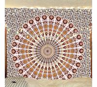 Bless International Arazzo di biancheria da letto indiano hippie bohemien psichedelico pavone mandala (arancione marrone, dimensione regina(84x90 pollici)(215x230 cms))