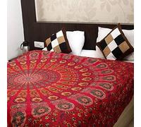 Bless International Indian hippie Bohemian Psychedelic Peacock Mandala Wall hanging Bedding Tapestry (Golden Red, King (88x104Inches)(225x265Cms))