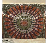 Bless International Indian hippie Bohemian Psychedelic Peacock Mandala Wall hanging Bedding Tapestry (Golden Green, Queen (84x90Inches)(215x230Cms))