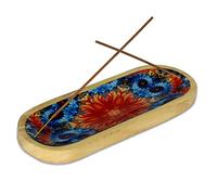 Bless-International Traditional-Handmade-Tray-Burner Wooden-Trat-Incense-Stick-Holder Ash-Catcher-Stand For-Aromatherapy-Meditation-Yoga (Abstract Flowers, 11x4x1.22 Inches)