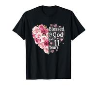 Blessed By God for 11 Years - Cuore con Rose e Scritta Blessed By God for 11 Maglietta
