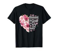 Blessed by God for 12 Years - Cuore con Rose e Scritta in Lingua Inglese Blessed by God Maglietta