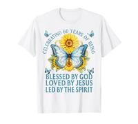 Blessed By God For 60 Years Farfalla Blu Con Girasoli Maglietta