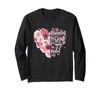 Blessed By God for 77 Years - Cuore con Rose e Scritta in Lingua Inglese 77th Birthday Maglia a Manica