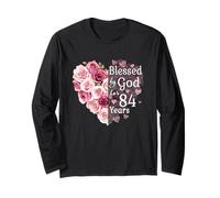 Blessed By God for 84 Years - Cuore con Rosa per 84° Compleanno Maglia a Manica
