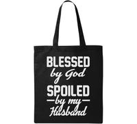 Blessed by God Spoiled by My Husband Borsa tote in cotone biologico naturale, nero, taglia unica, Nero, One size