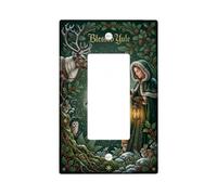 Blessed Yule - Copertura per interruttore della luce con citazione | Fanciulla della foresta con lanterna, raccolta di animali del bosco, bacche di agrifoglio e aghi di pino