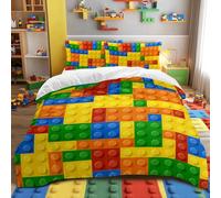 BlessLiving Set copripiumino colorato con motivo a blocchi di costruzione, 3 pezzi, per bambini e ragazzi, divertente set copriletto a mattoni (matrimoniale)