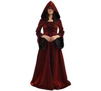 BLESSUME Medievale Donne Allacciare Festa Toga Bagliore Manica Vestito Cosplay Fantasia Cappuccio Lungo Vestito (Borgogna, L)